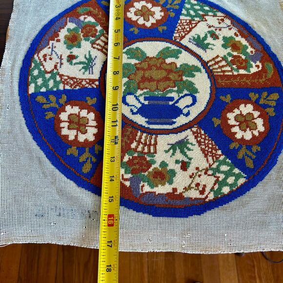 Vintage Round Floral Basket & Urn Needlepoint in Blue, Rust, & Ivory – Unframed - Picture 6 of 9